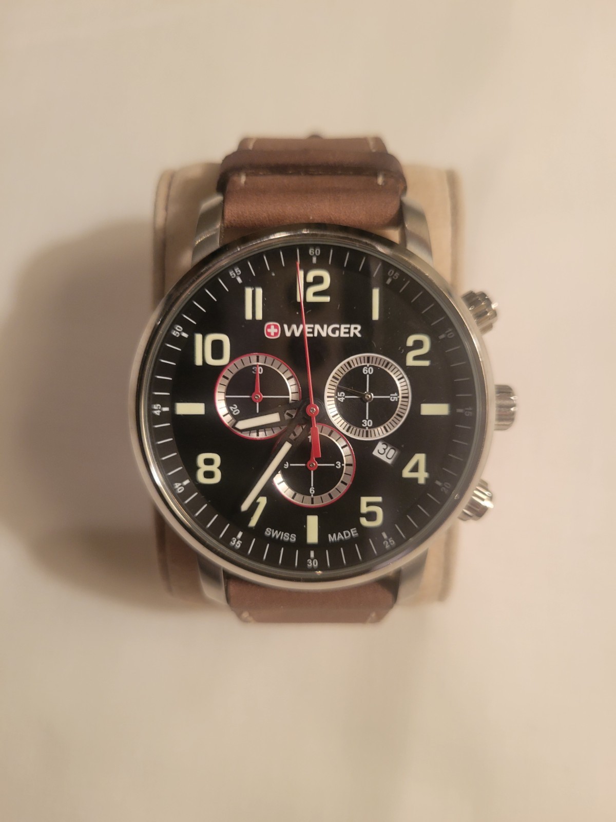 Wenger Swiss Army Attitude Chronograph Watch 01.1543.103 Black Dial Leather 44mm