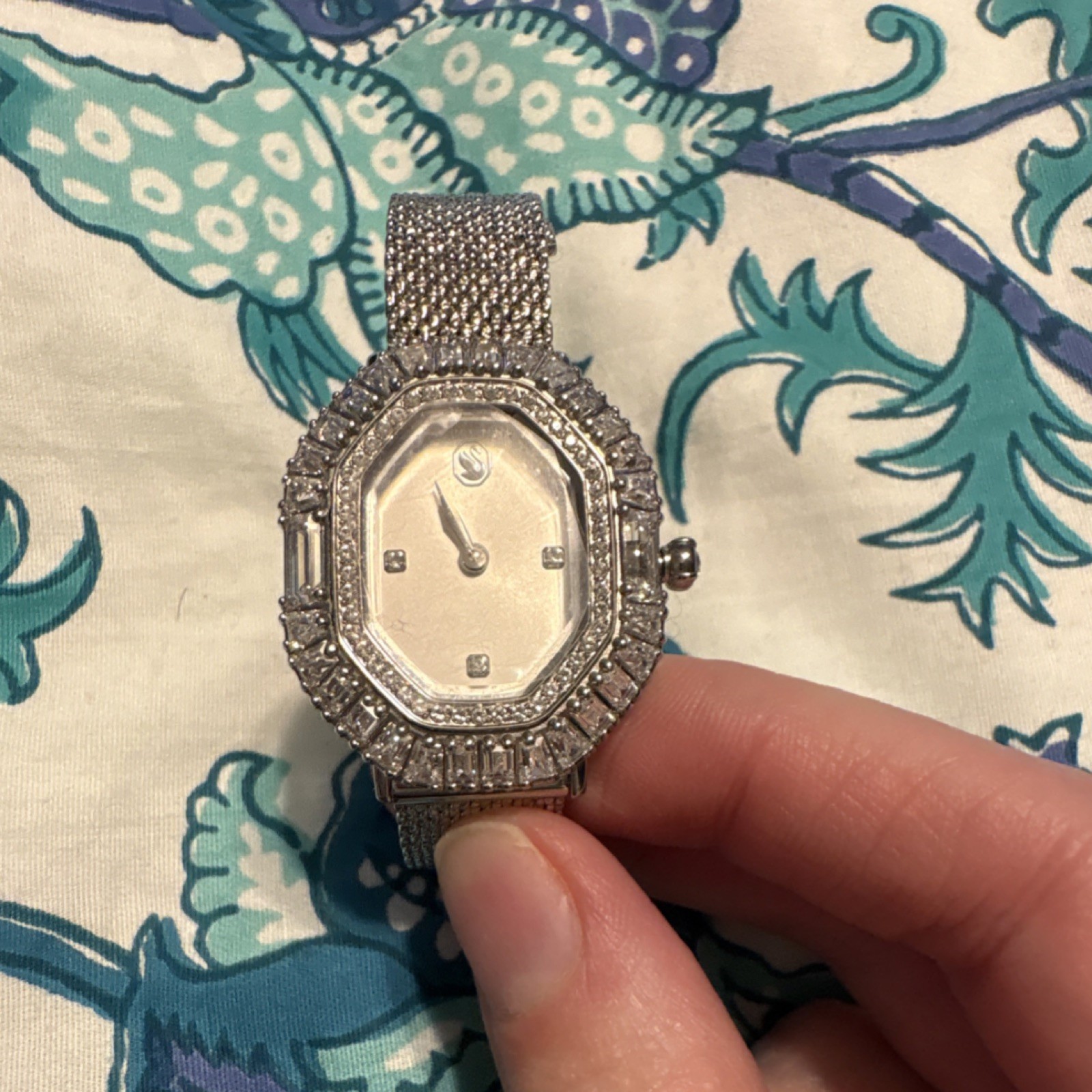 Swarovski Octagon Gemmed Silver Bracelet Wristwatch Mother of Pearl Dial