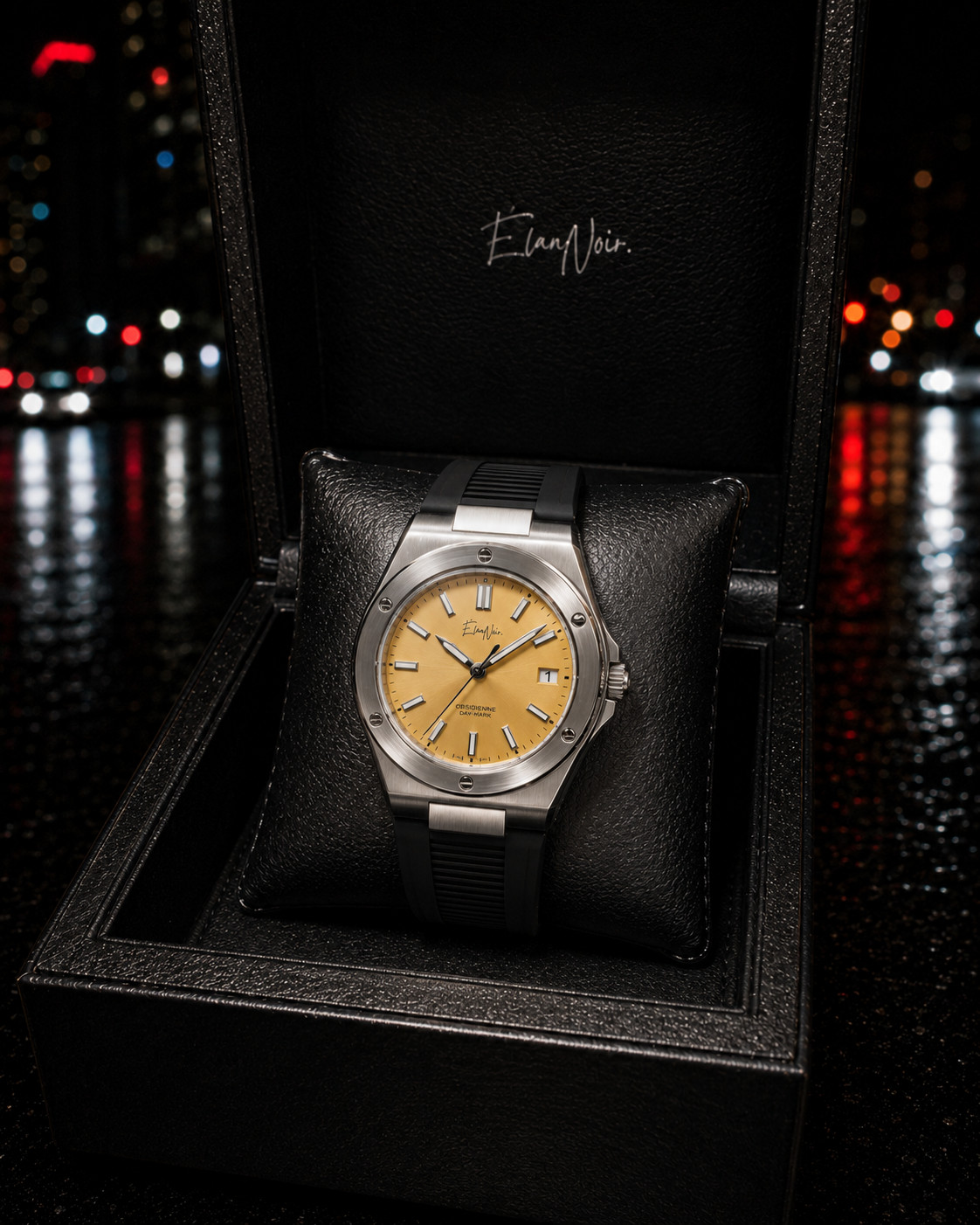 Custom Élan Noir Day-Mark Automatic Mens Watch Yellow Dial Sapphire Steel 41mm