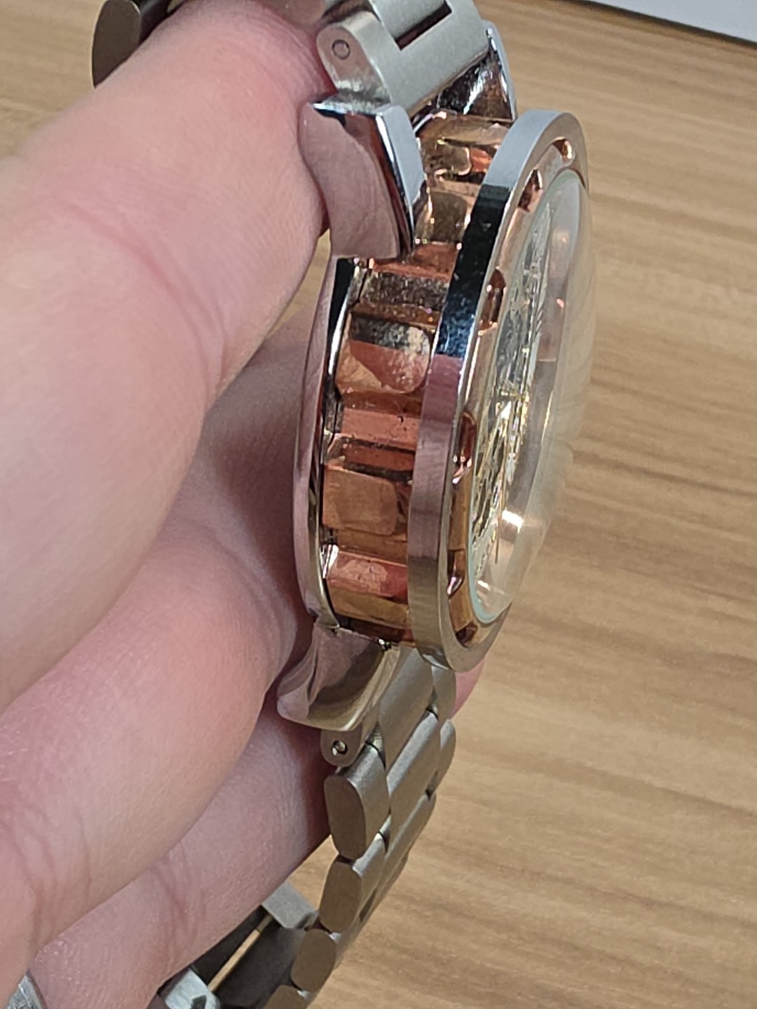 MG ORKINA AUTOMATIC SKELATON GOLD COLORED FACE WATCH WITH Silver BAND
