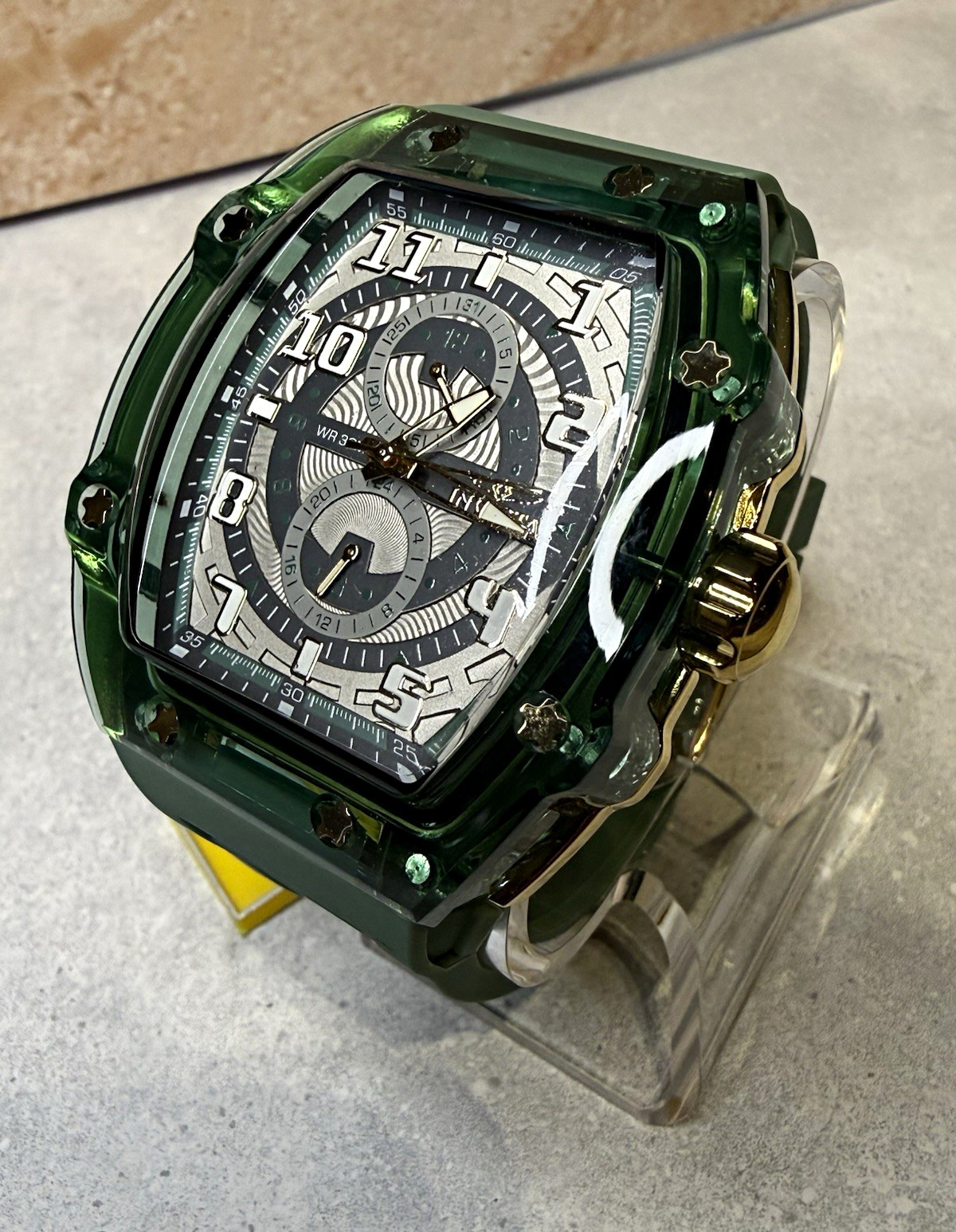 Invicta Racing Cyclone 48.5mm Quartz Watch Transparent Green Silicone Strap New