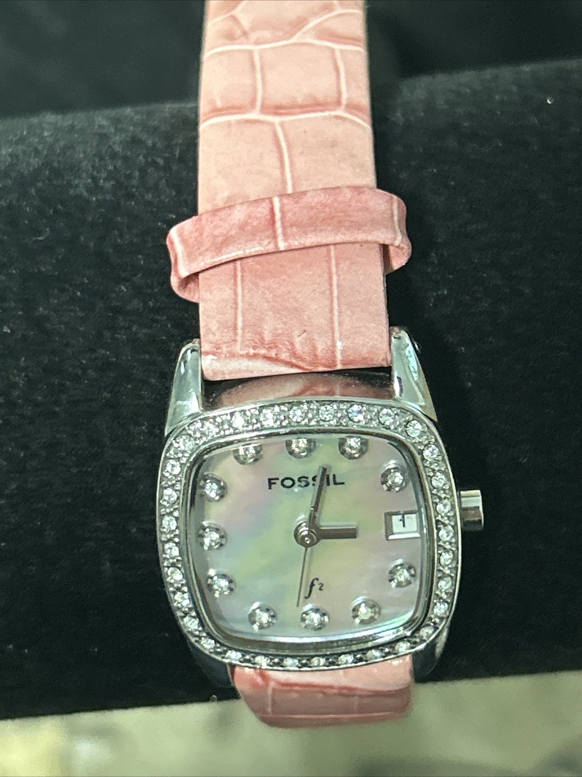 NEW Fossil F2 Watch Date Gem Set Bezel Pearl Dial Quartz Analog ES-1013 Women’s