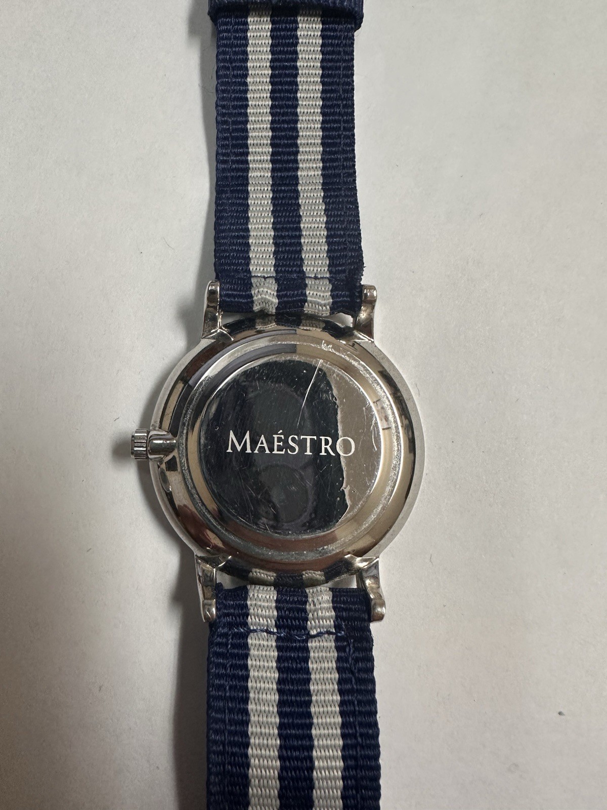 Maestro Quartz Analog Wristwatch White Roman Dial Silver Case Blue/White Nylon