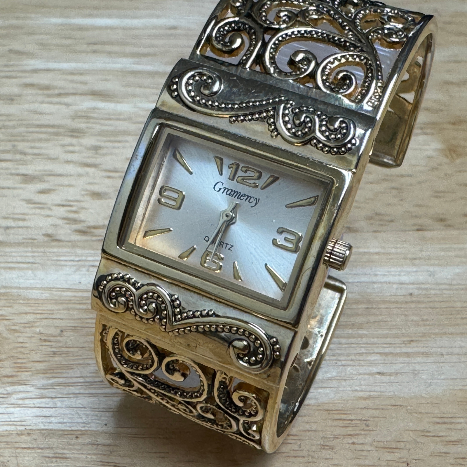 Gramercy Quartz Watch Women Gold Tone rectangle Cuff Bangle Analog New Battery