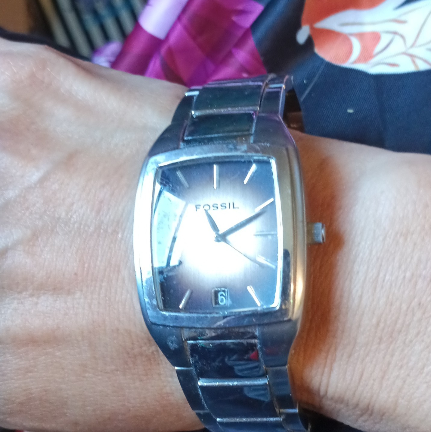 Fossil Women’s Rectangle Analog Quartz Date Silver Tone Bracelet Dress Watch