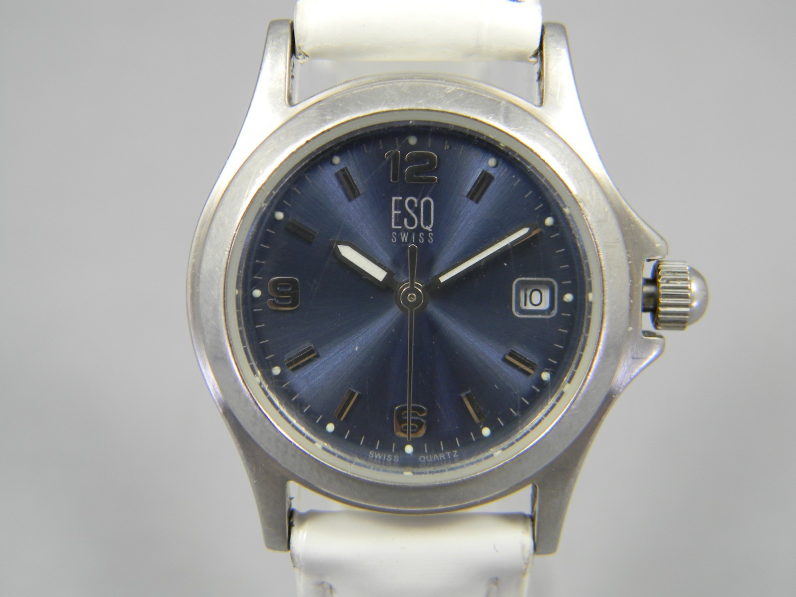ESQ Swiss Watch Women 26mm Silver Tone Blue Dial Date New Leather Band & Battery