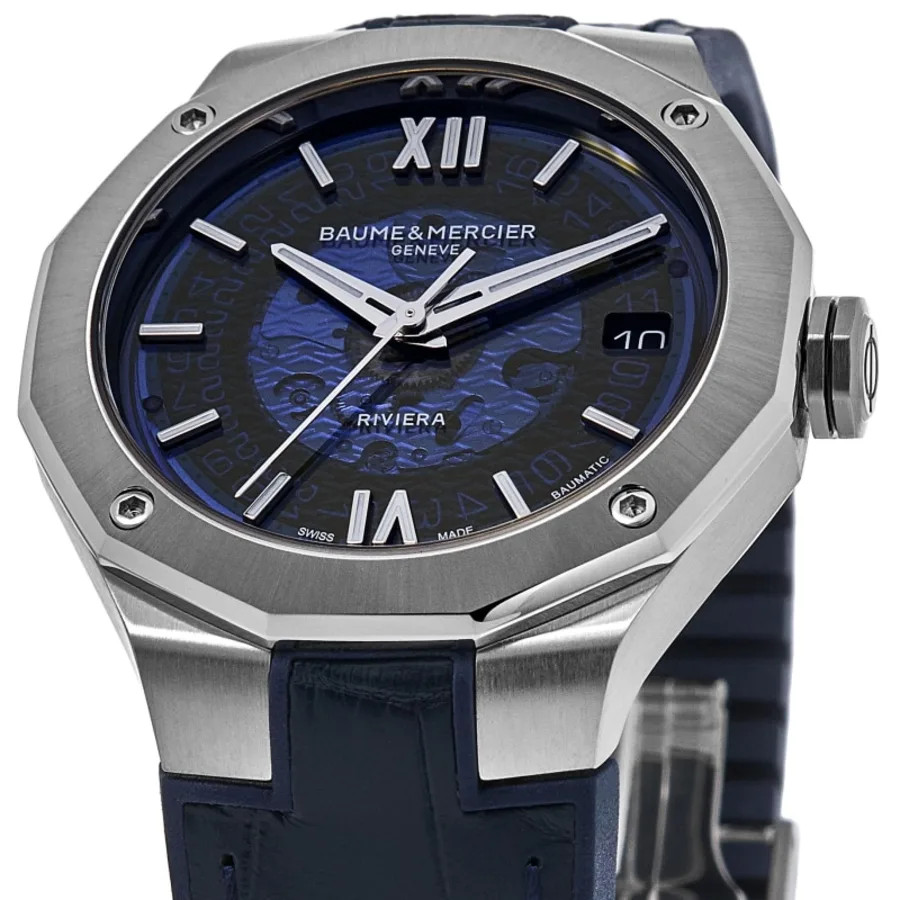 New Baume & Mercier Riviera Automatic Blue Dial Leather Strap Men’s Watch 10714