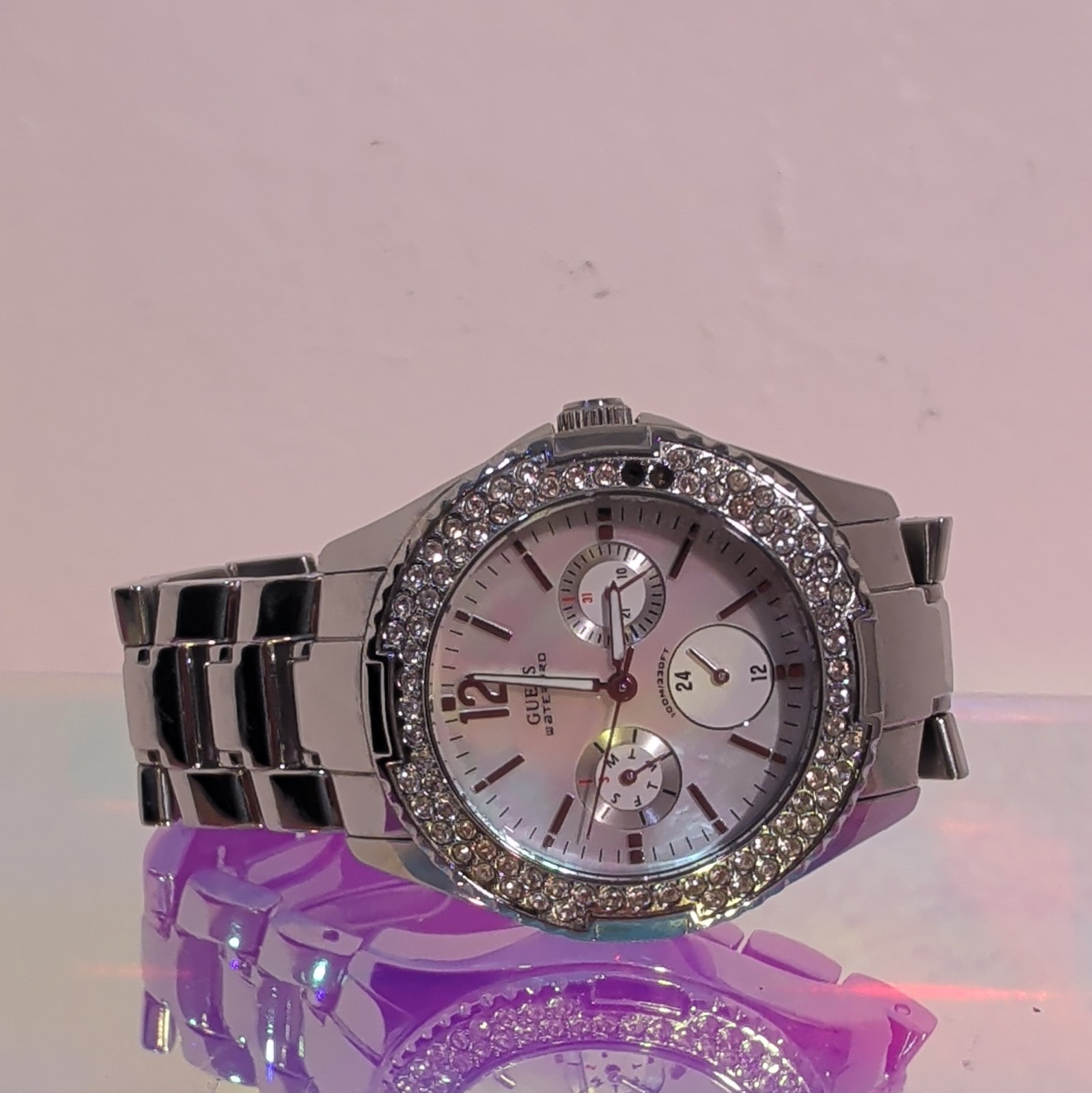 GUESS Women’s Quartz Watch 35mm Silver Stainless Bracelet Pink MOP Dial