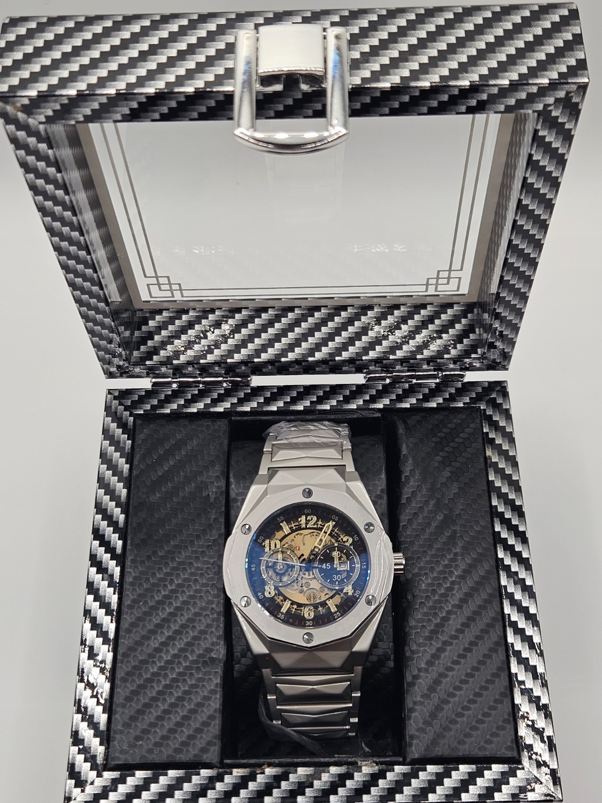 Men’s Stainless Steel Skeleton Automatic Watch – Brushed Finish – New in Box