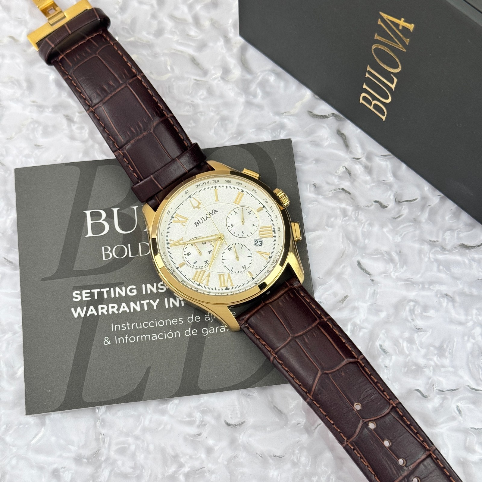 Bulova Men’s Classic Wilton White Dial Leather Strap Chronograph Watch 97B169