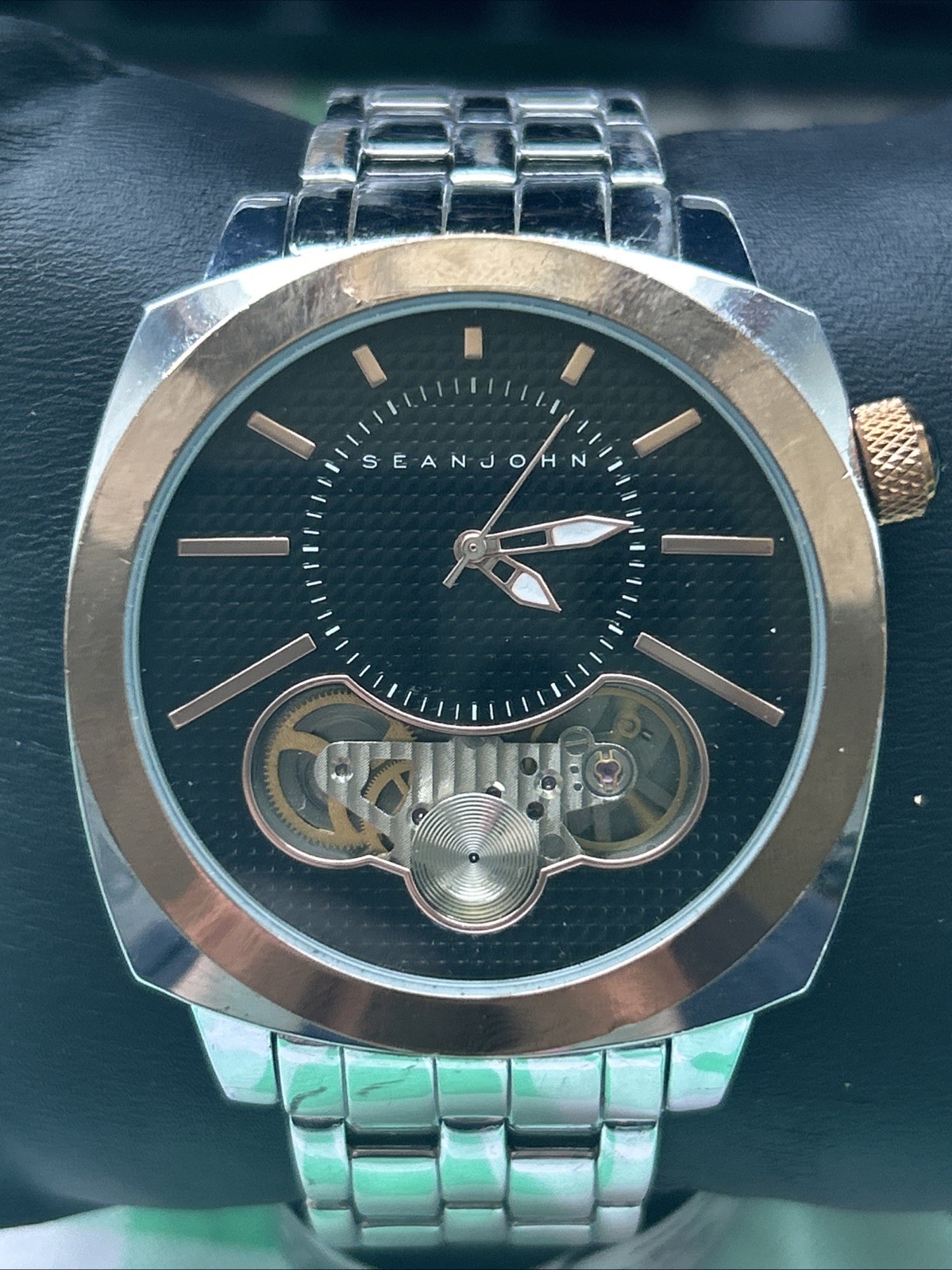 Sean John Silver Tone Rose Gold Tone Bezel Men’s Quartz Watch