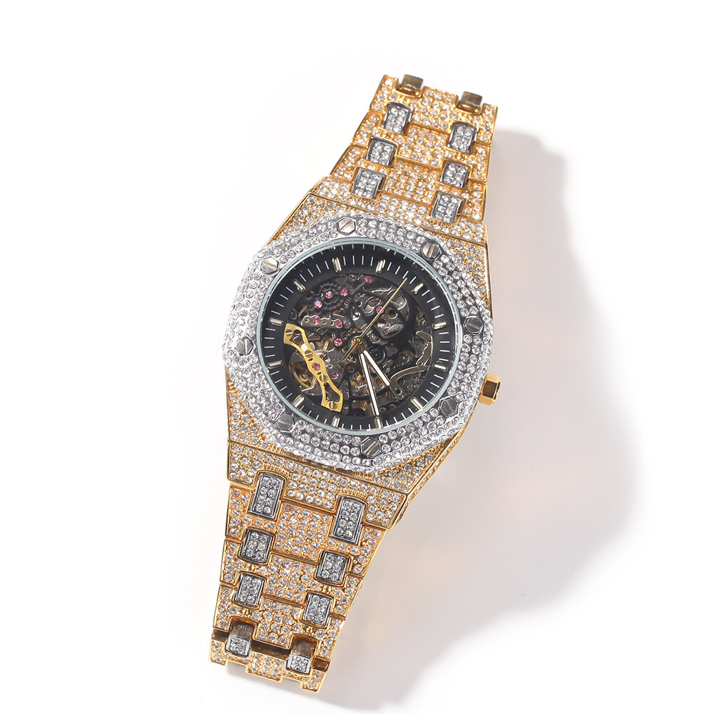 Iced Out Hip Hop Gold Finish Unisex Bling Custom Mens Luxury Rapper Quartz Watch