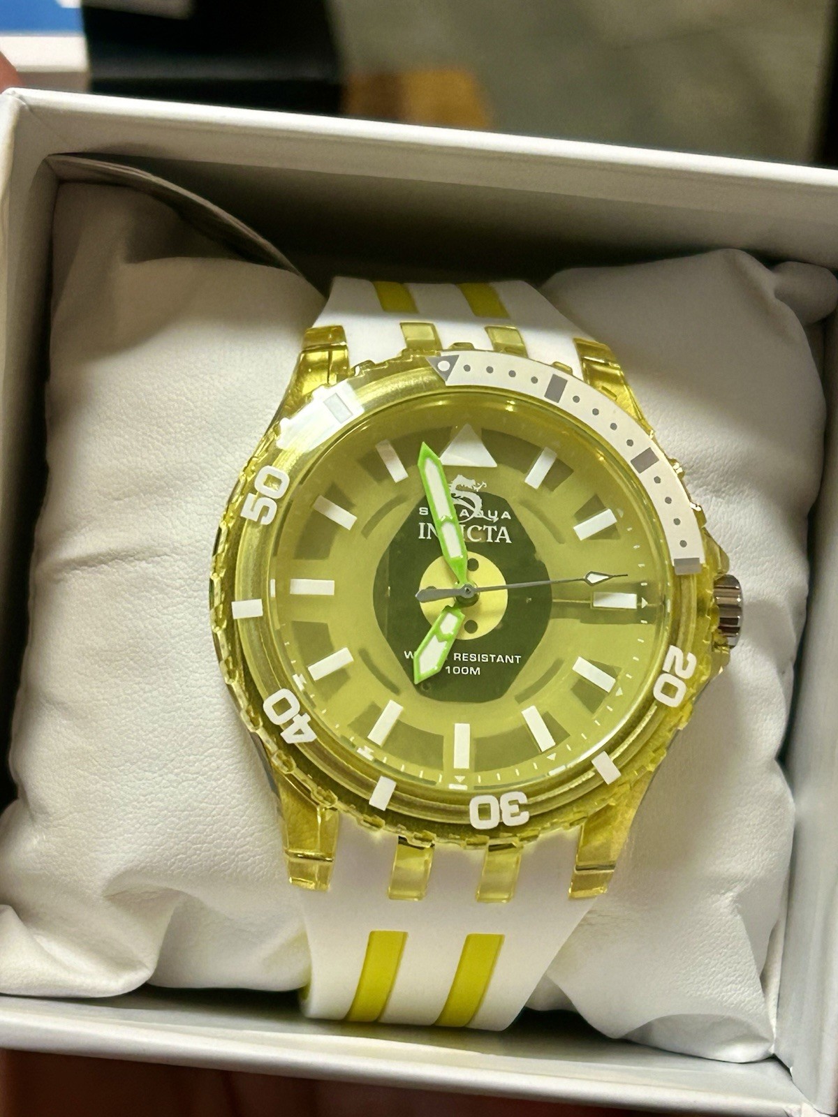 INVICTA Subaqua 44mm Watch, WR 100m, 8” Wrist, New/Box/3yr Wnty, Yellow & White