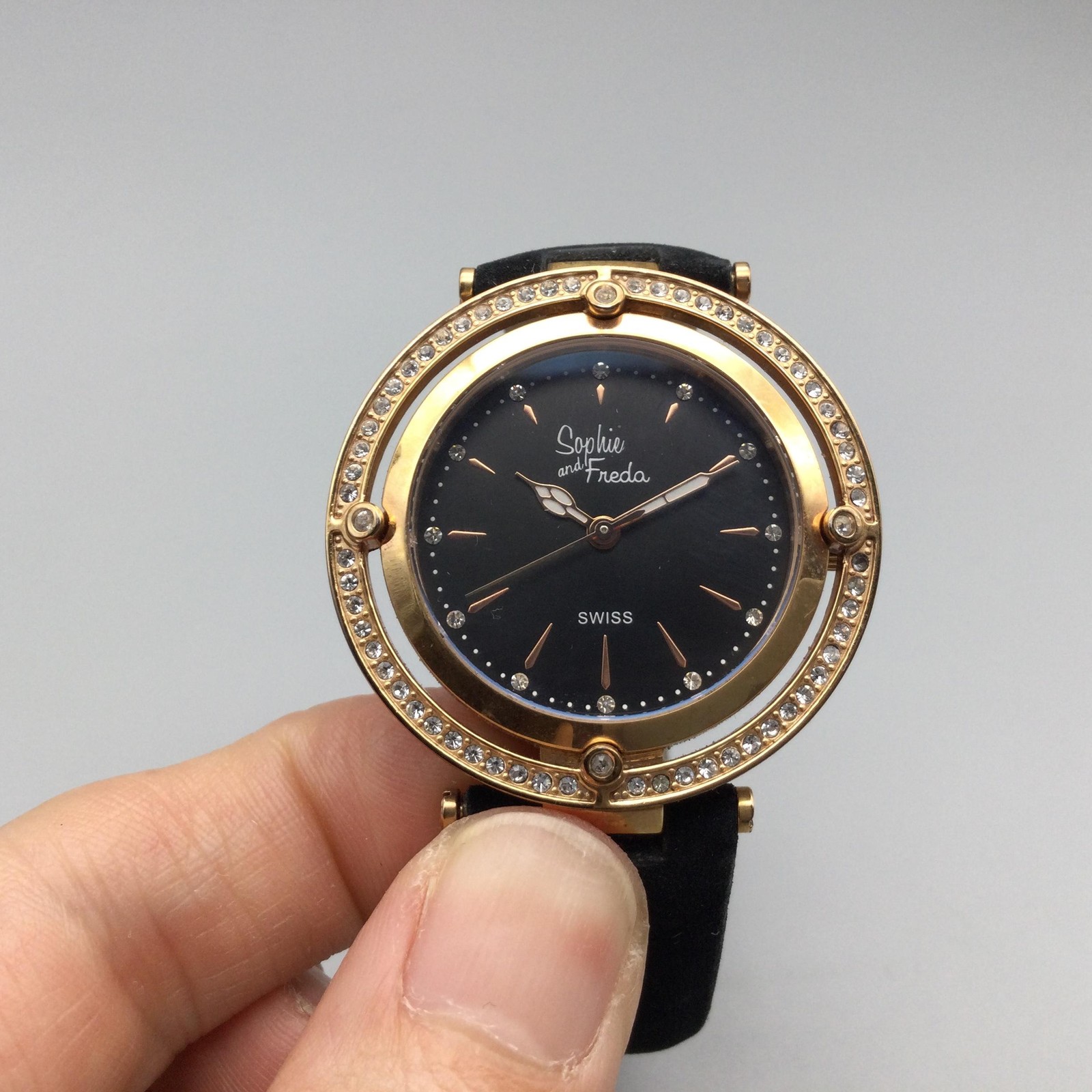 Sophie And Freda Watch Womens 36mm Black Dial Gold Leather Strap New Battery