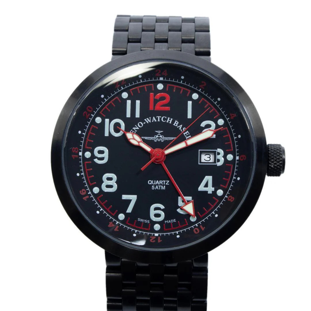 ZENO-WATCH BASEL B554Q-GMT Pre-Owned Mens Quartz SS 45mm Black Watch