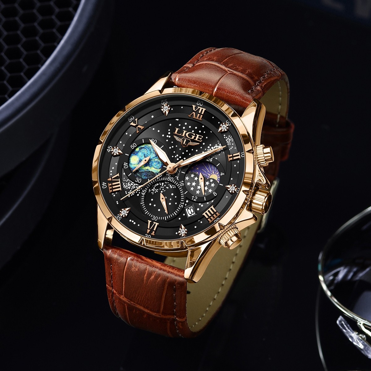 LIGE Luxury Quartz Men’s Watch Leather Moonphase Waterproof Luminous Wristwatch