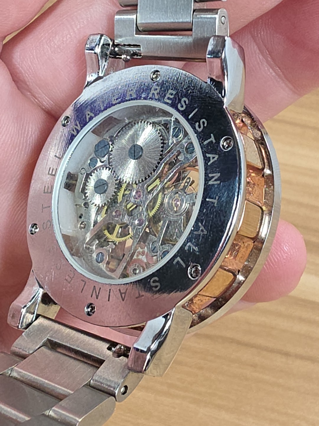 MG ORKINA AUTOMATIC SKELATON GOLD COLORED FACE WATCH WITH Silver BAND