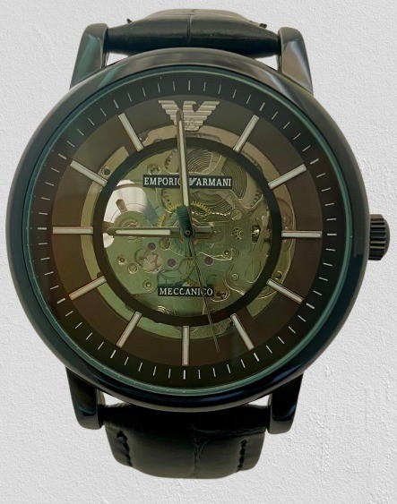 Luxury Emporio Armani Skeleton Dial Men’s Automatic Wristwatch Leather Strap