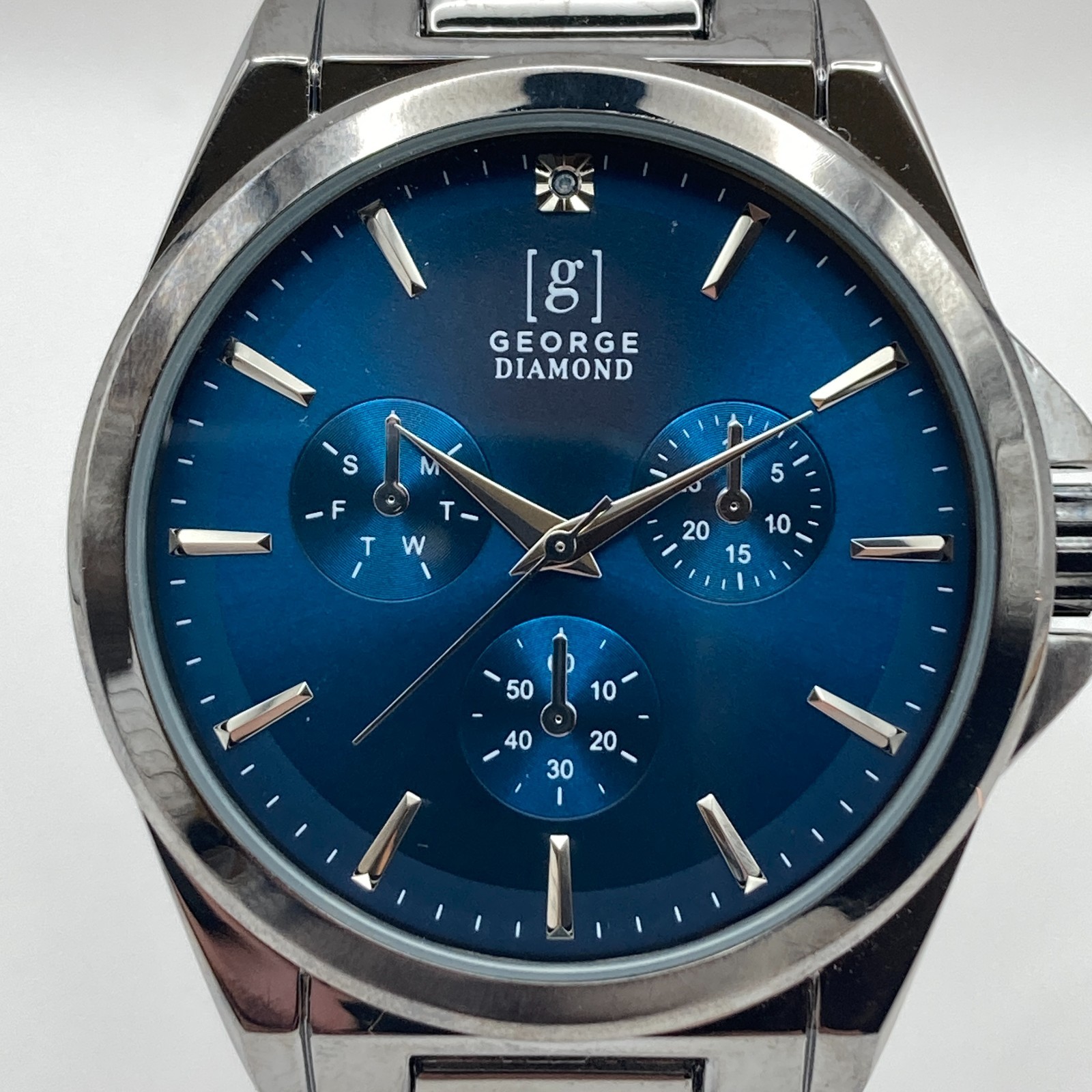 George Mens Watch 43mm Gunmetal Gray Blue Dial New Battery 8.25″