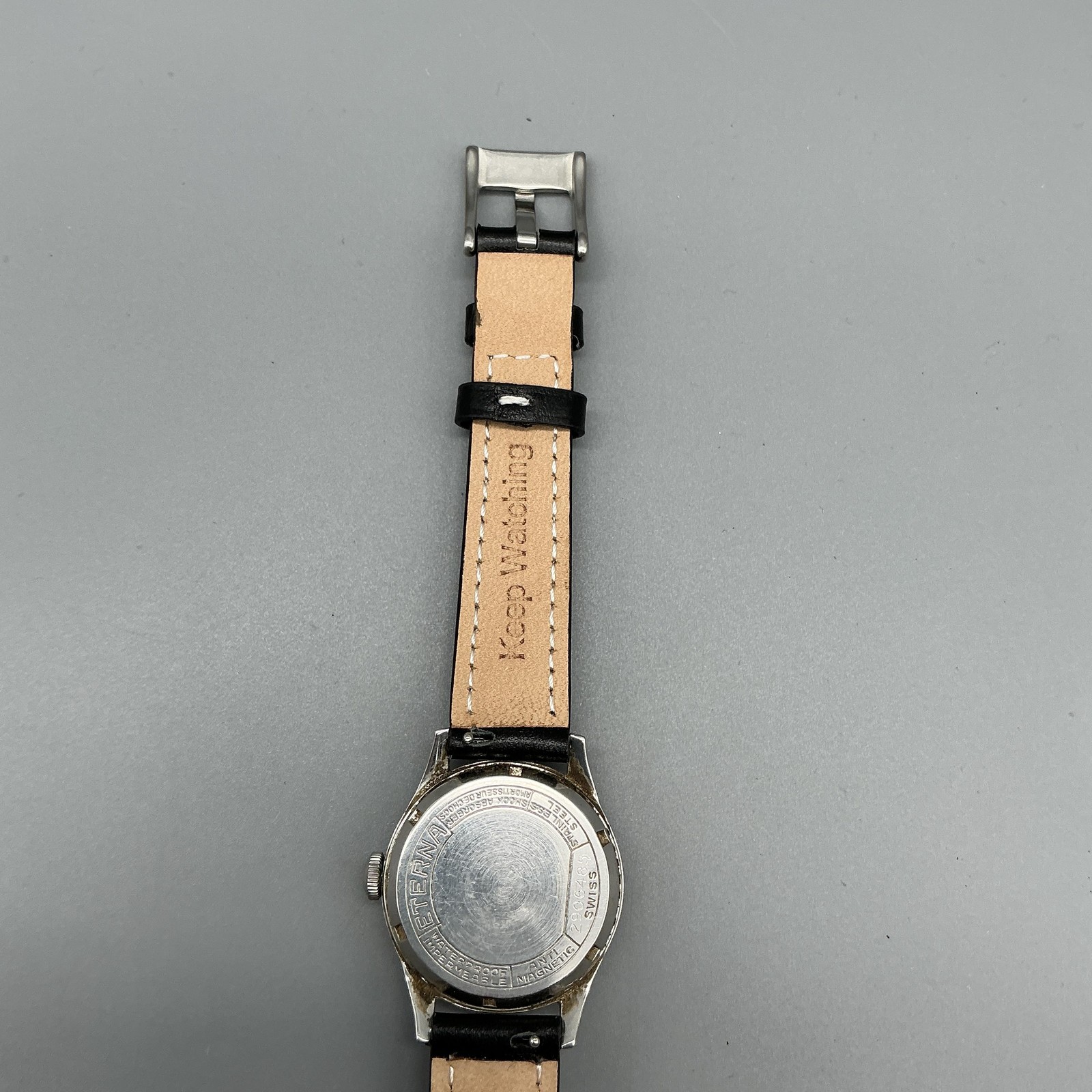 Vintage Eterna Mens Watch 30mm Patina Dial Stainless Black Leather Manual Wind