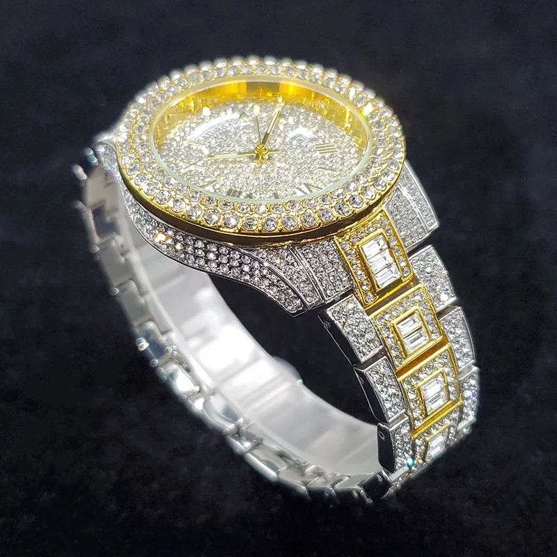 Luxury Iced Out Diamond Watch Men’s Bling Day Date Gold Steel Quartz Hip Hop