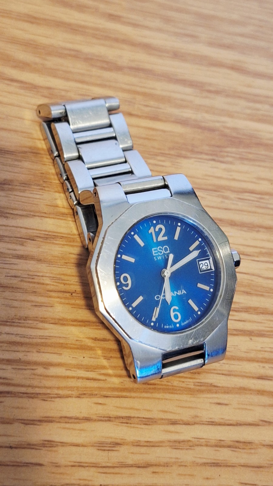 Men’s ESQ Swiss Movado 45mm Stainless Steel Blue Textured Date Dial Watch WORKS