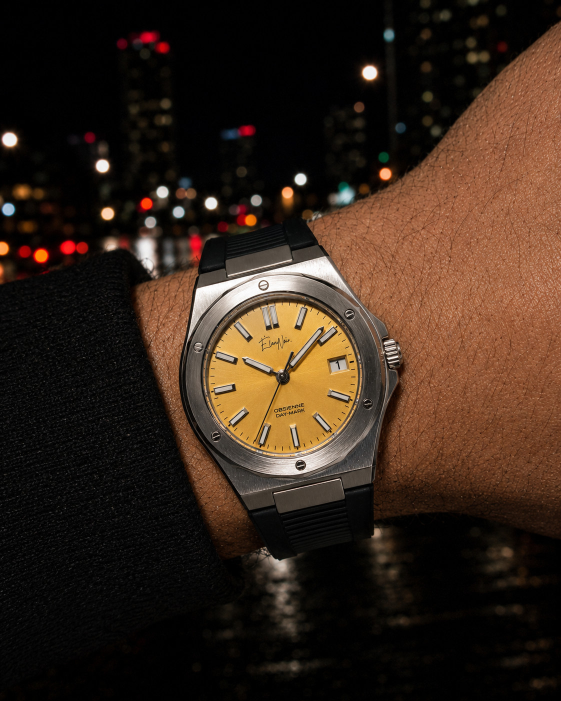 Custom Élan Noir Day-Mark Automatic Mens Watch Yellow Dial Sapphire Steel 41mm