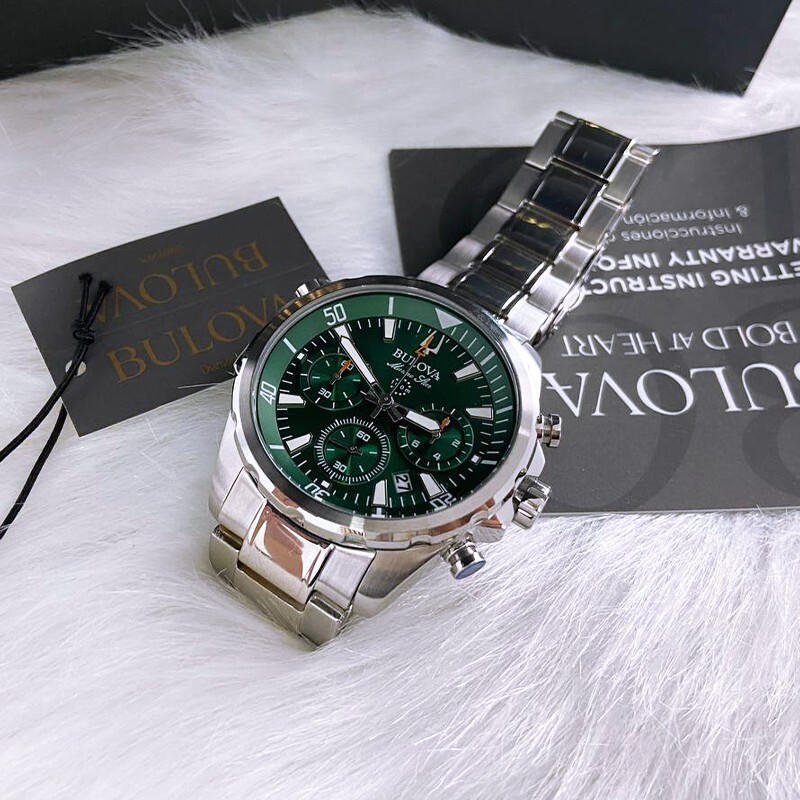 Men New Bulova Classic Green Marine Star Stainless Steel 96B396 Watch (43MM)