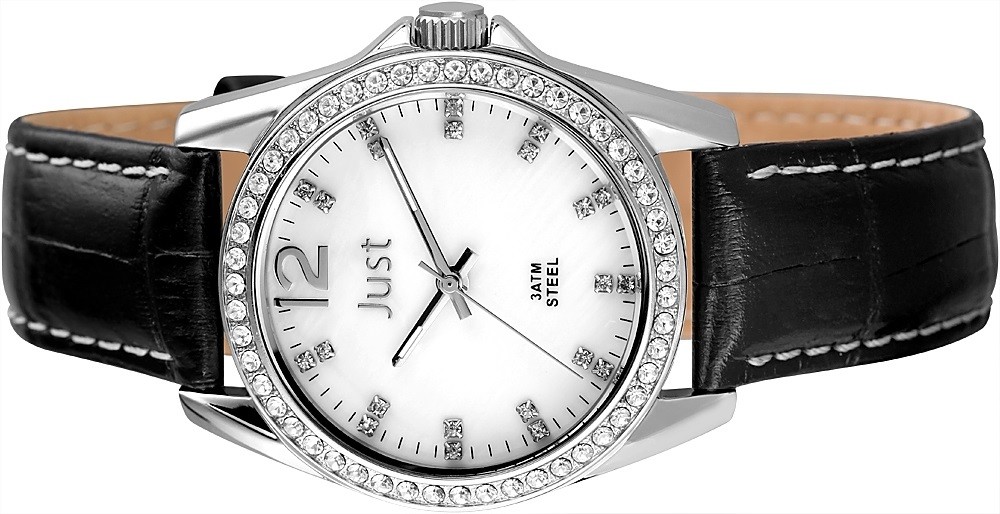 Ladies Watch Mother of Pearl/Black/Silver Crystal Trim Leather Strap JU10120 JUST