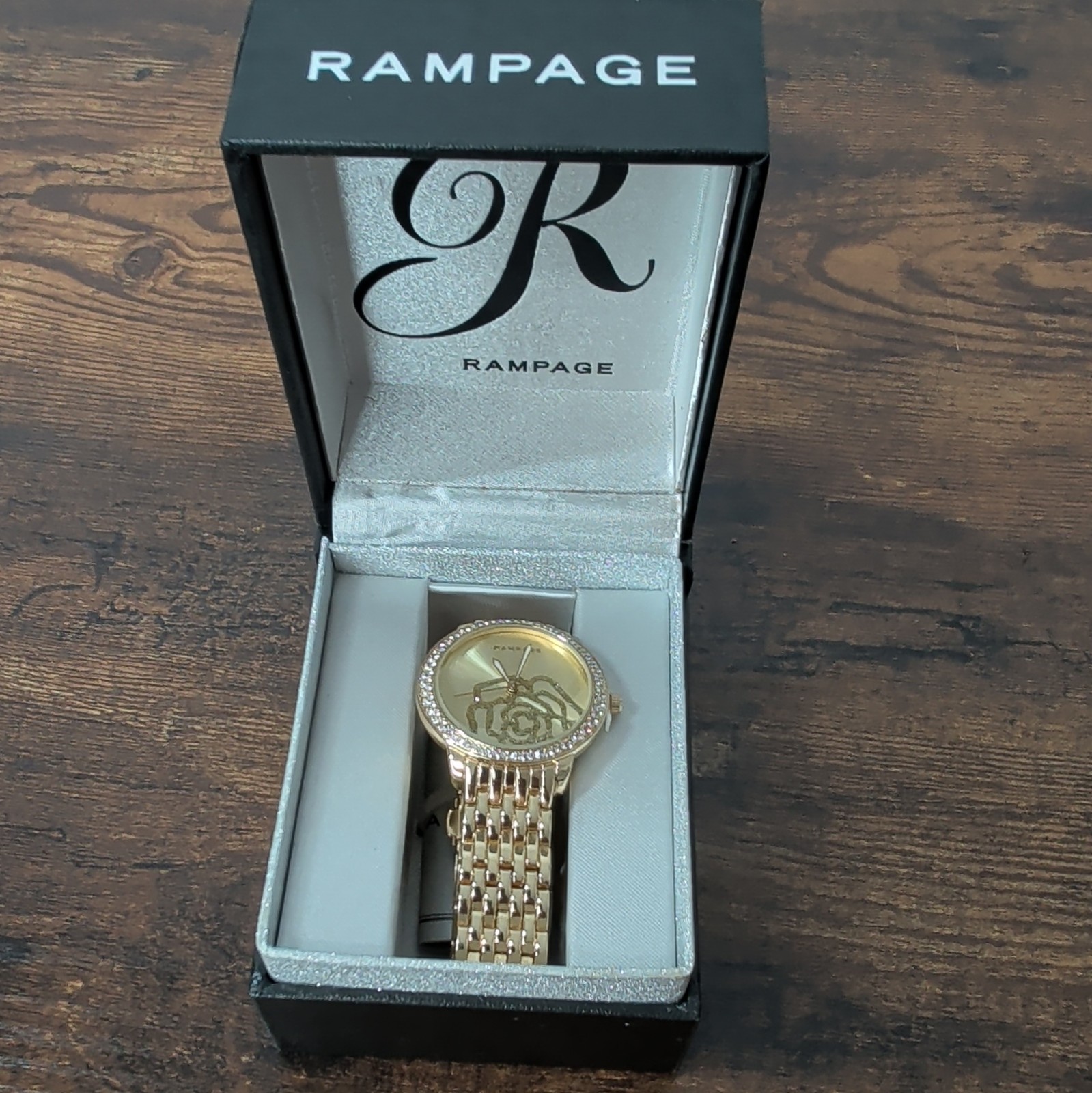 Rampage Gold Tone Quartz Analog Women’s Watch Crystal Bezel Bracelet w/Box