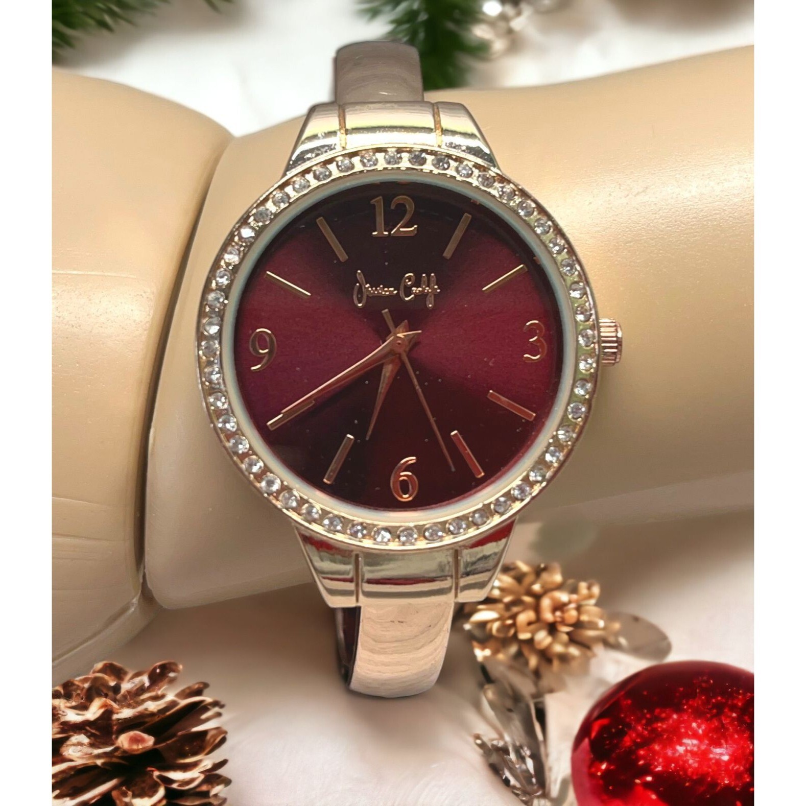 Jessica Carlyle Watch Cuff Bracelet Rose Gold Tone Quartz Rhinestones