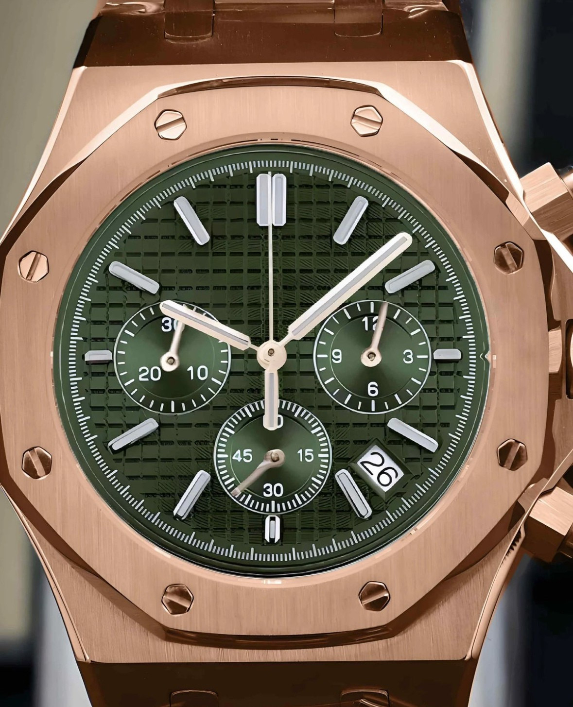 Custom Built Rose Gold Chronograph Watch Japanese VK63 Type Green Dial