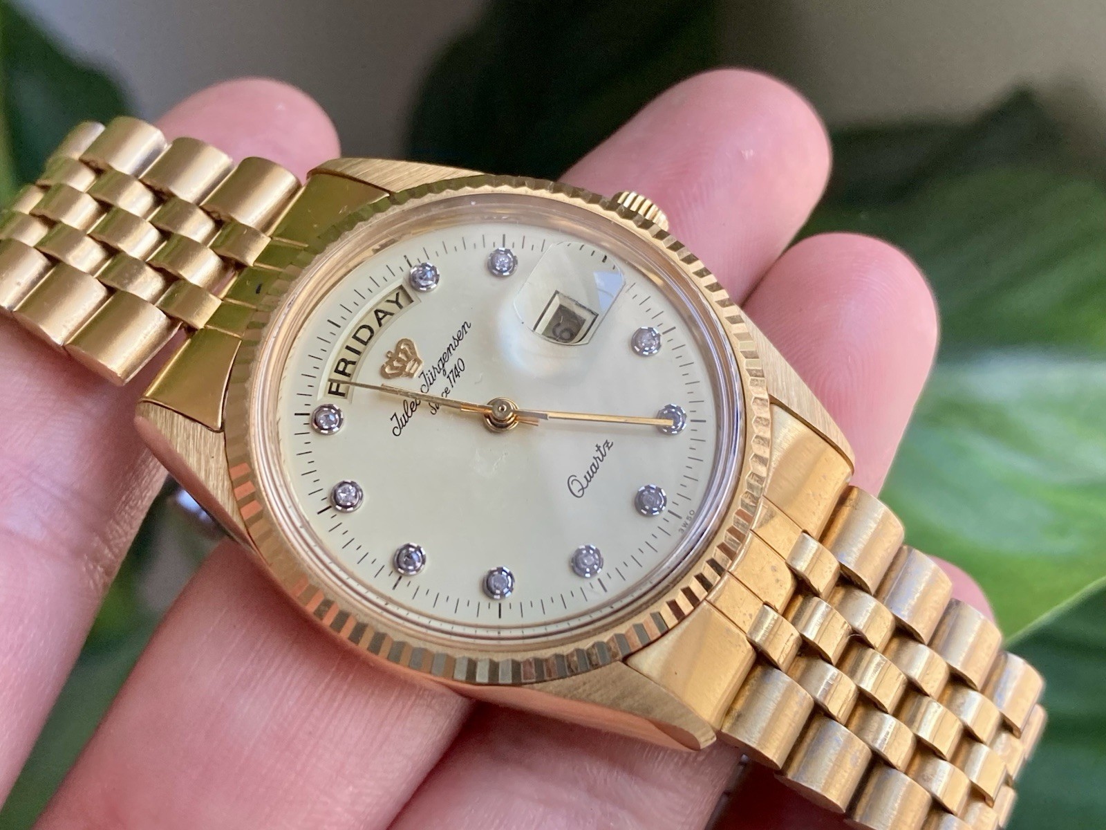 Vintage Jules Jurgensen Swiss Gold Plated President Date Day Mens Watch W/ BOX