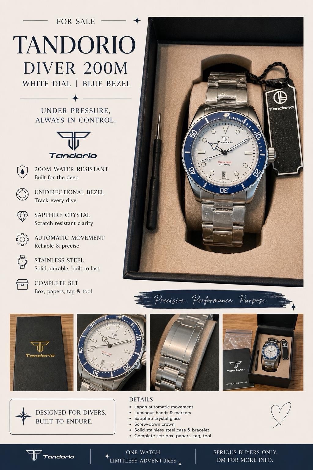 Tandorio Diver 200M Automatic 200m Sapphire White Dial Blue Bezel Steel Box