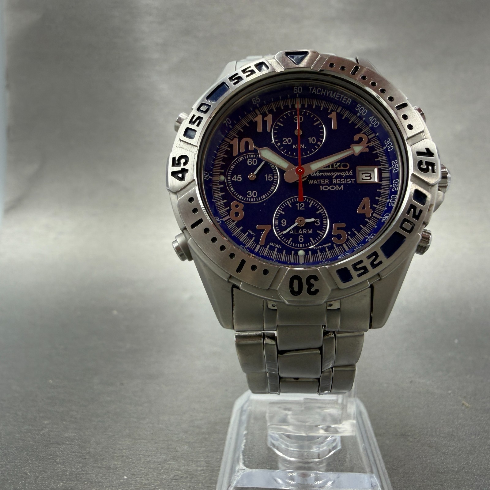 Seiko Chronograph Dive Watch Men 40mm Blue Dial Steel Date 7T32-7G79 New Battery