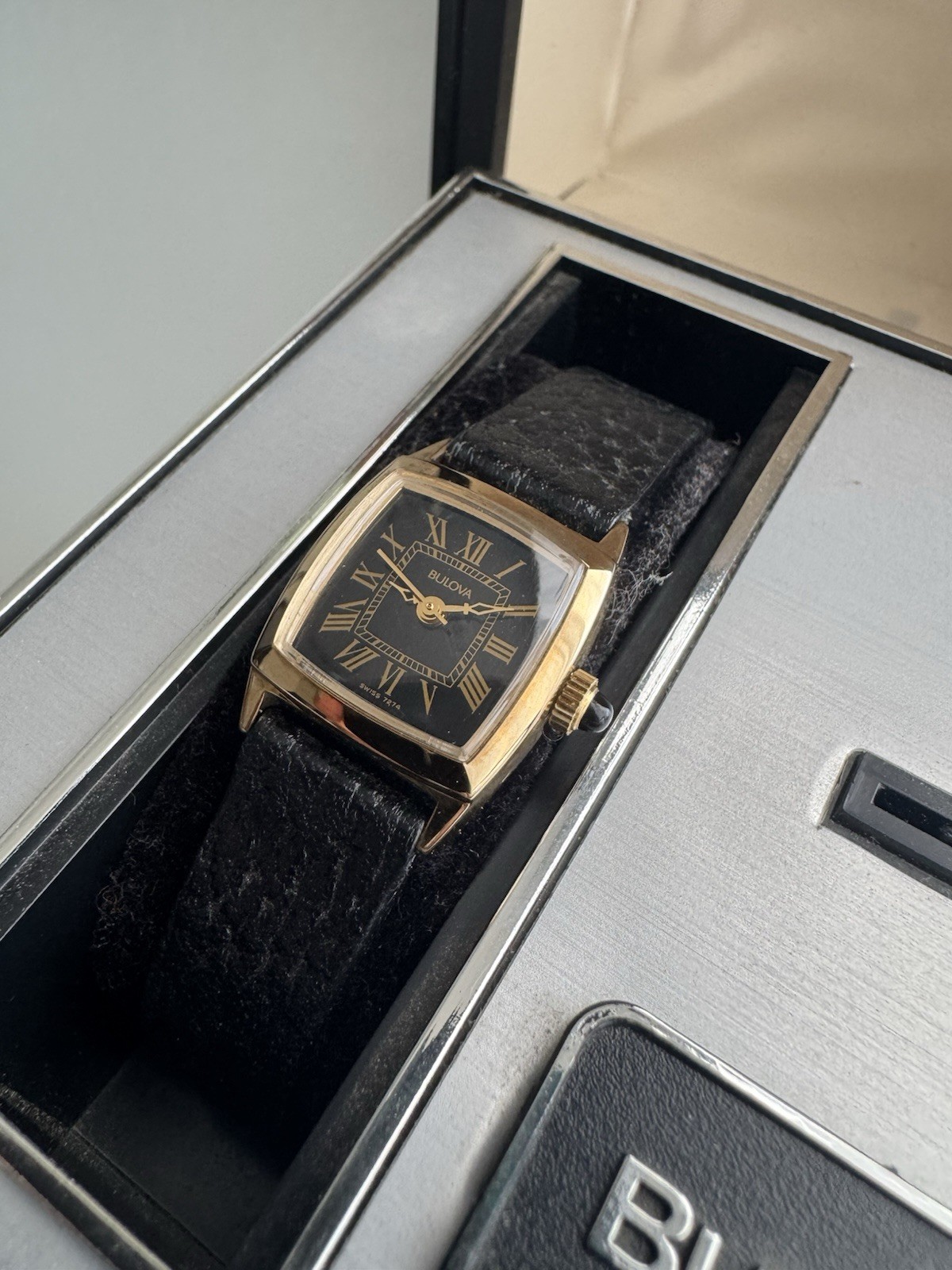 Vintage Bulova Ladies Swiss 927A Black Dial Roman Numeral Tank with Box NOS