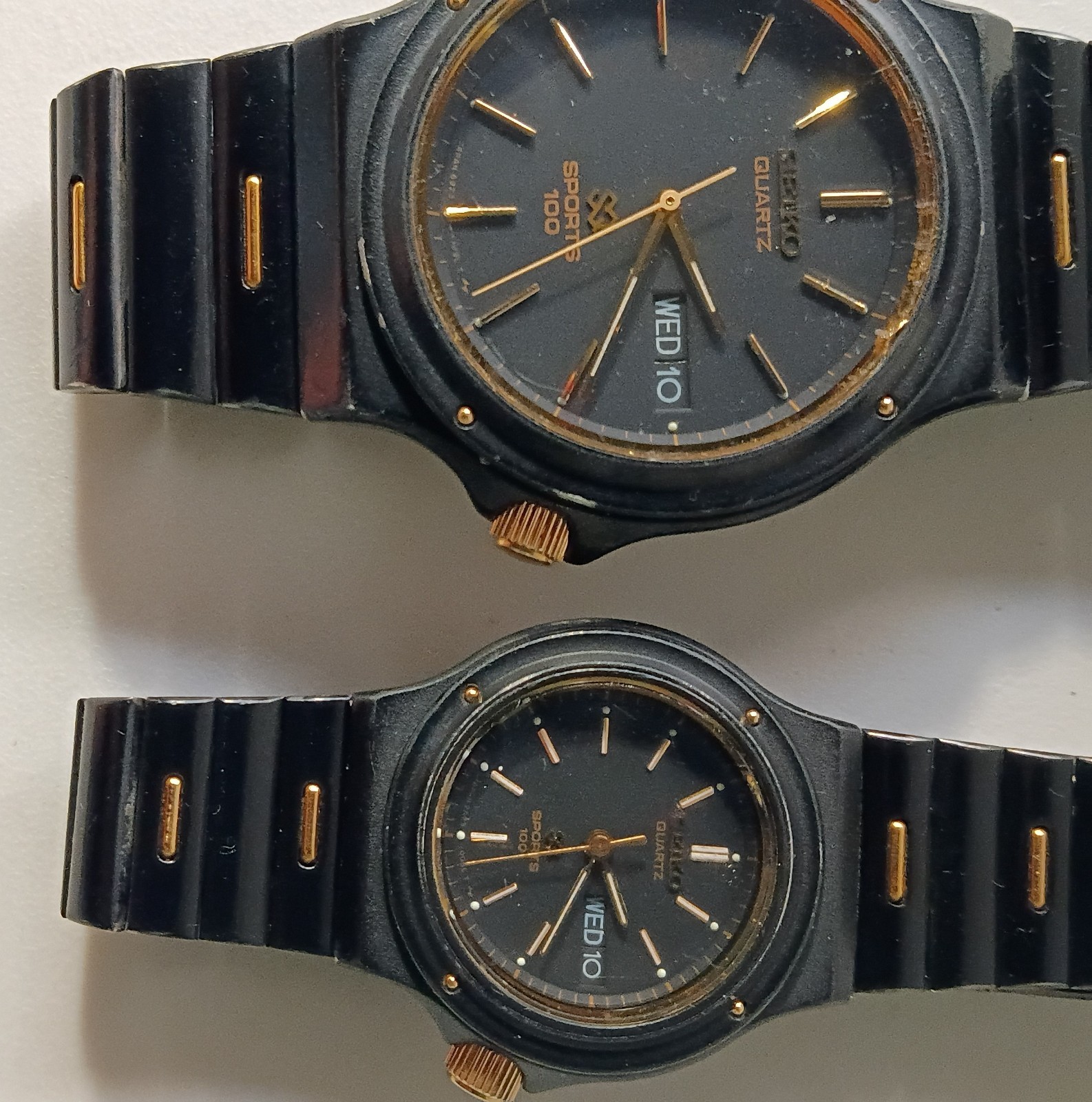 SEIKO SQ SPORTS 100 HIS HERS 1985 WATCH SET BLACK W/ GOLD ACCENTS RUNS GREAT