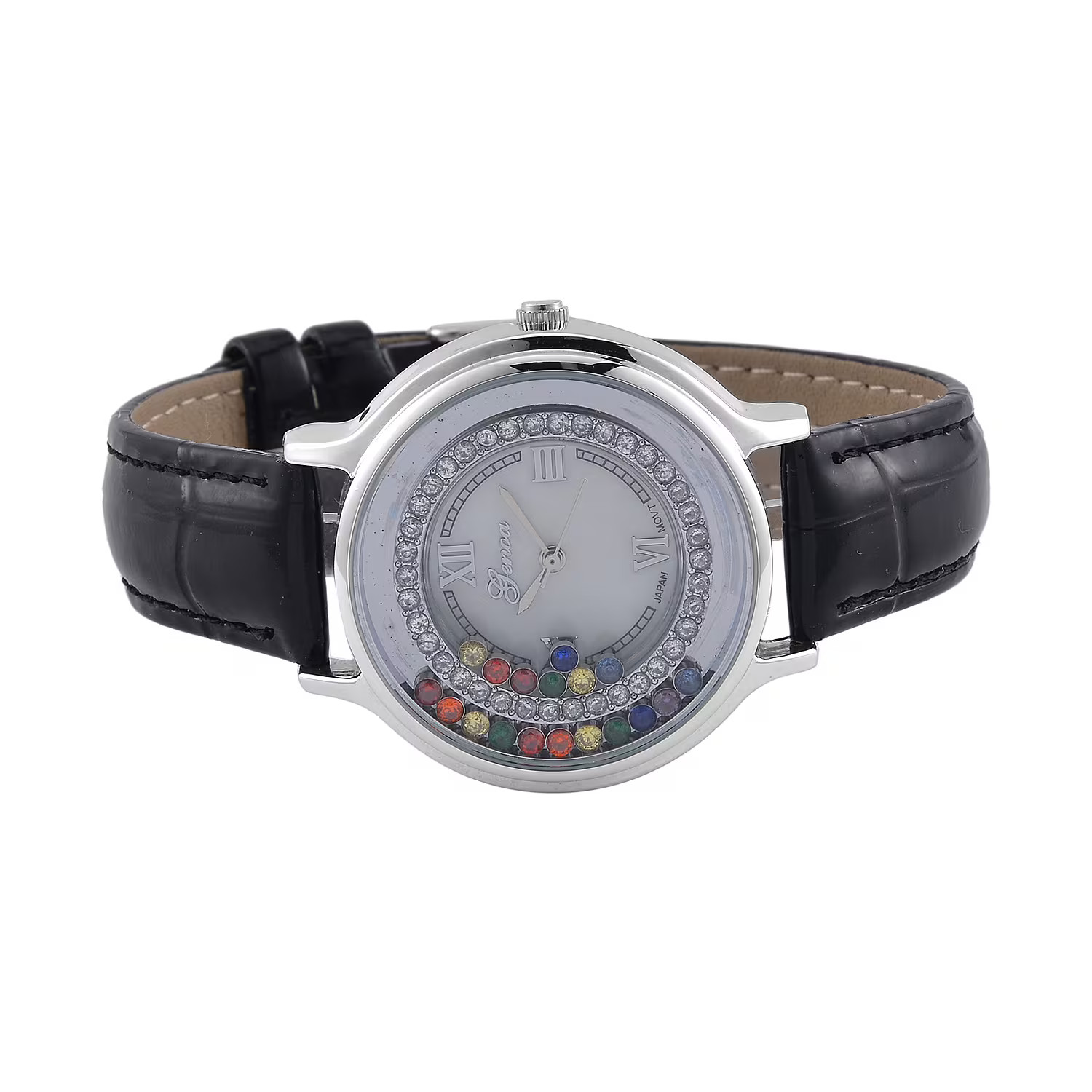 Genoa Multi Color Cubic Zirconia CZ Miyota Japanese Movement Watch with Black