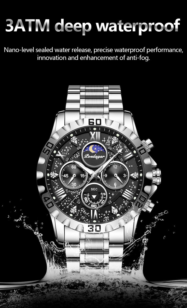 POEDAGAR Luxury Men’s Quartz Watch 3ATM Luminous Stainless-Steel Chronograph
