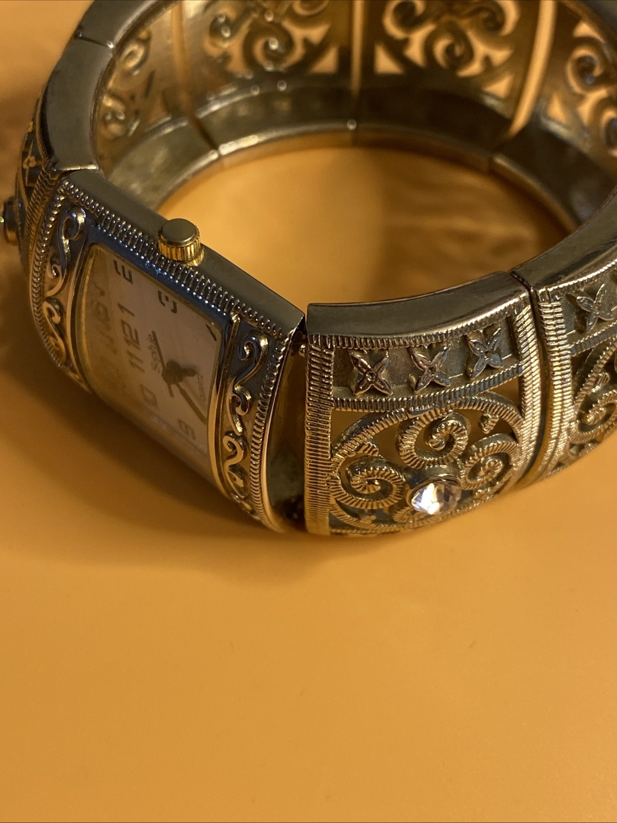 Ld’s Sophie Quartz Watch Yellow Case & Band 8 CZ’s in Band Stretch Bracelet