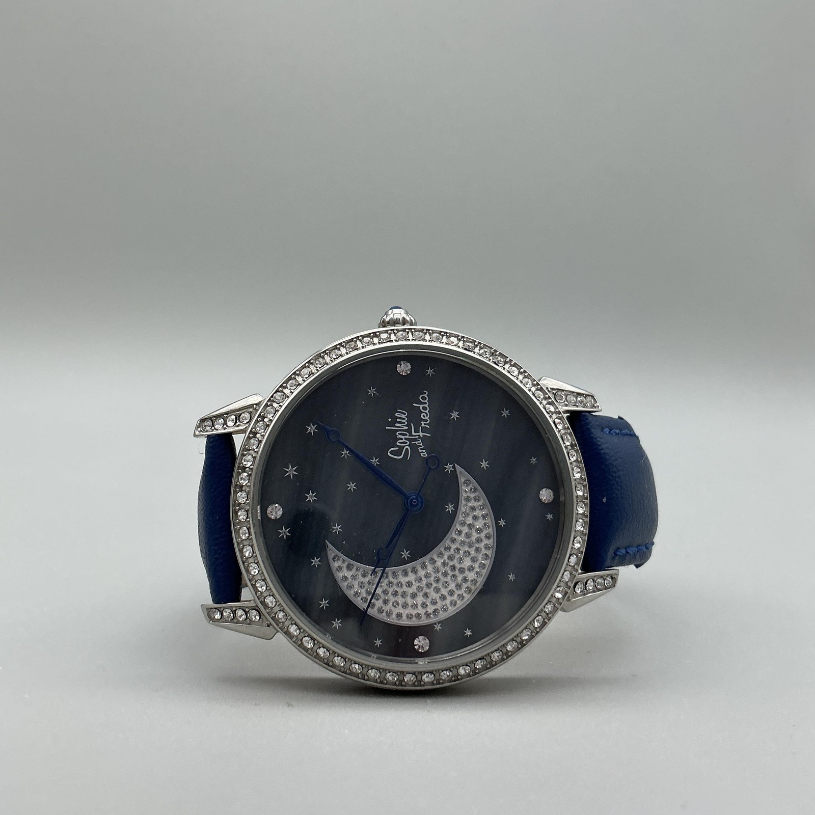 Sophie And Freda Womens Watch 38mm Moon Dial Crystals Blue Leather Band