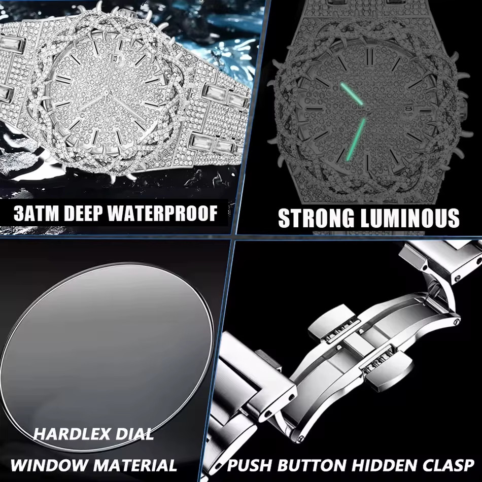 Fashion Diamond Watch Men Thorny Bezel Hip Hop Lced Qut Bling Jewelry Quartz Wri