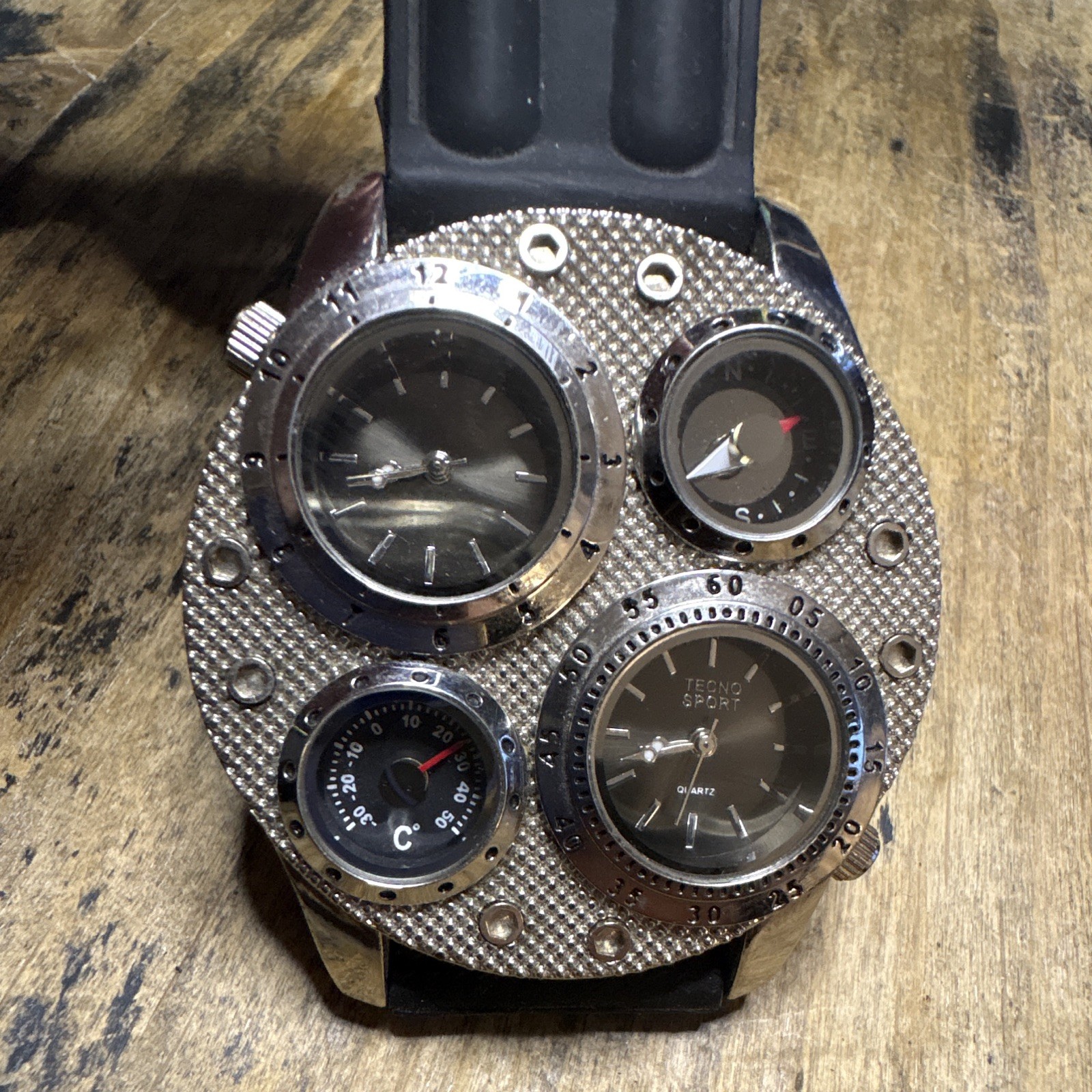 Men’s Steampunk Multi-Dial Analog Tecno Sport AB1145 Silver Case Black Strap