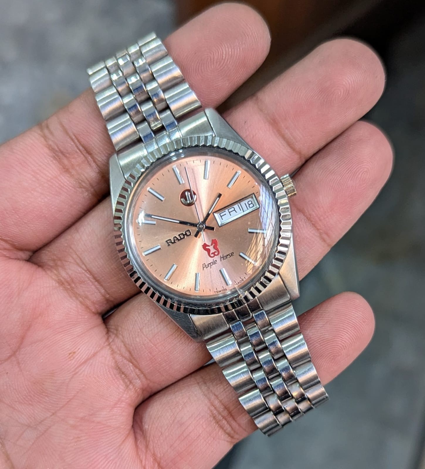 Vintage Rado Purple Horse Salmon Dial Wrist Watch For Mens Japan Swiss