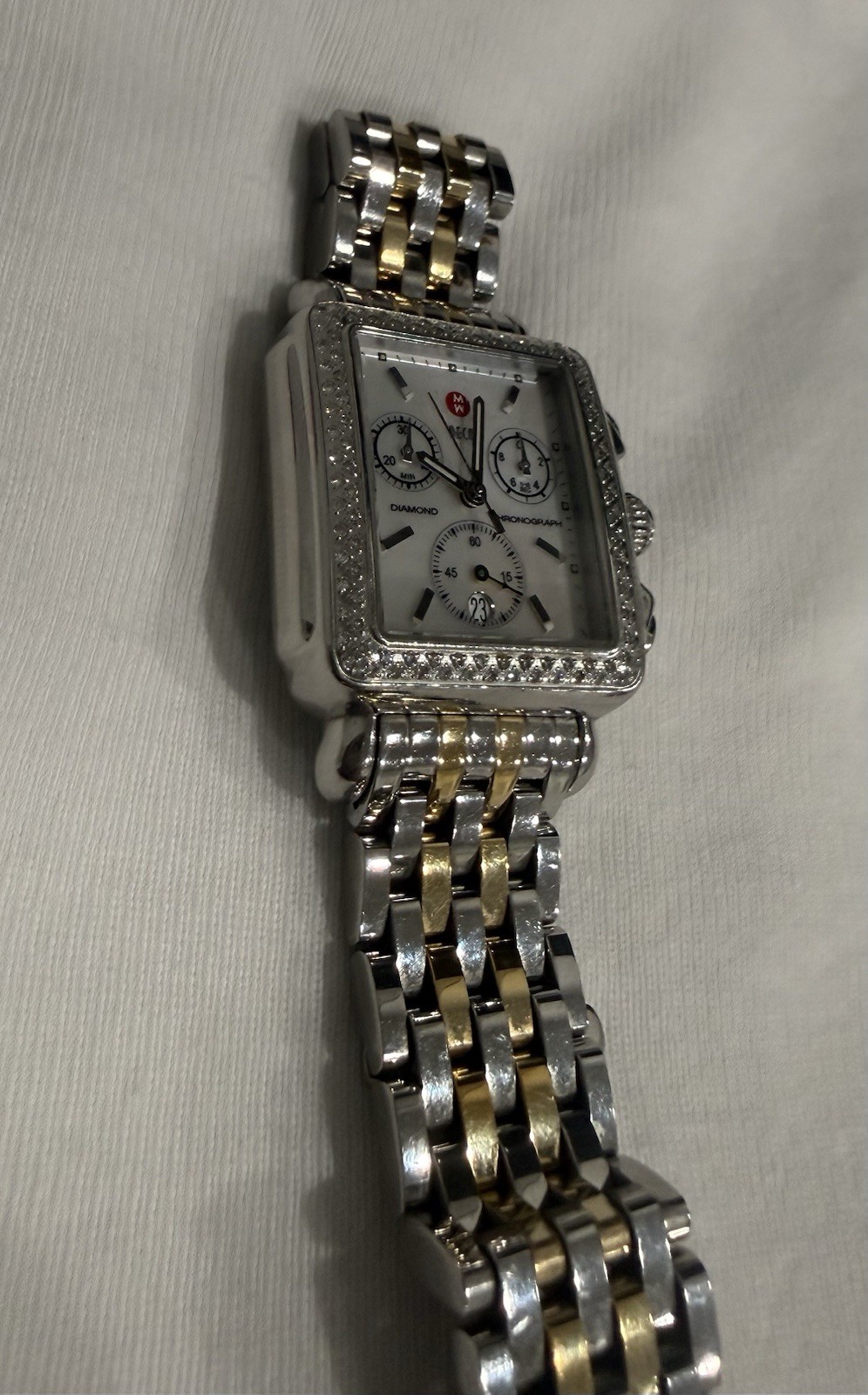 Michele Deco Diamond Chronograph Watch 71-6000 MOP Box Bands Links Complete Set