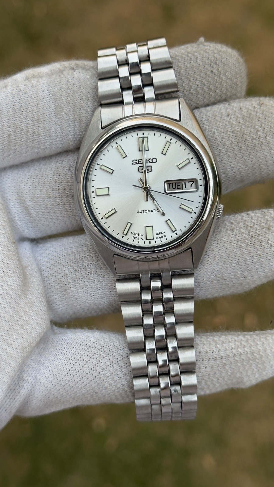 Vintage Seiko 5 Automatic Mens Watch 7009 White Dial 17 Jewels