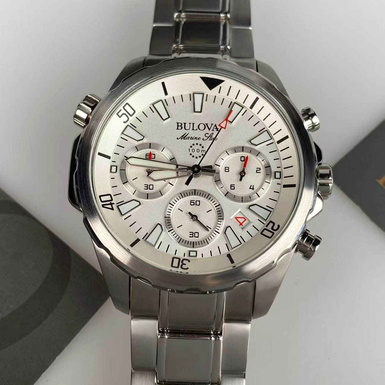 New Bulova Marine Star 96B255 White Dial Men’s Chronograph Quartz Watch 43mm