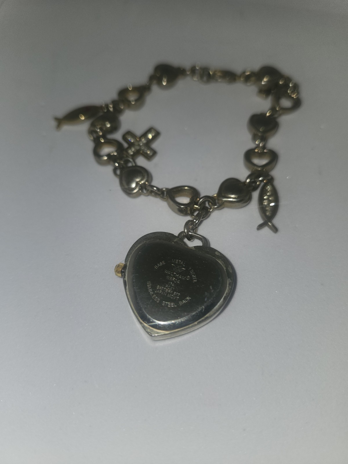 Waltham Heart Charm Bracelet Watch GoldTone Cross Ichthys Christian Untested Vtg