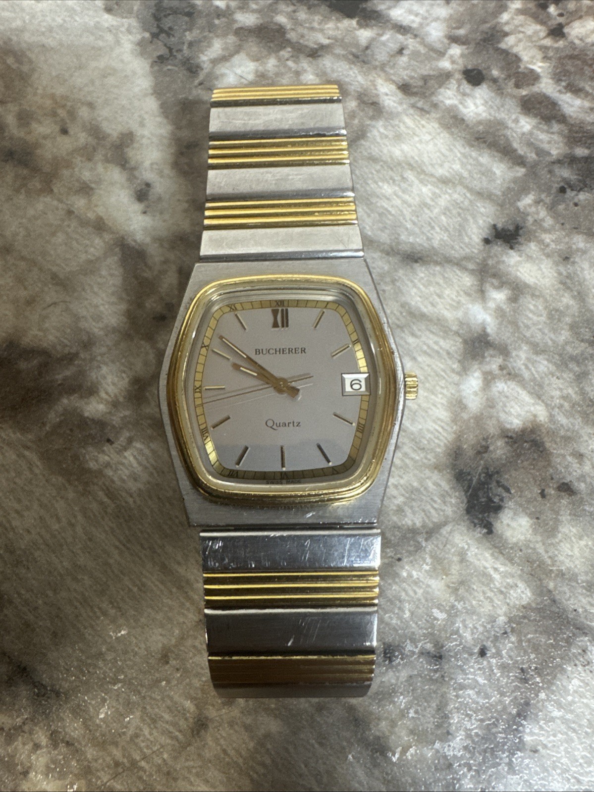 Vintage Bucherer Quartz Mens Watch 955.522 Swiss Two Tone Silver Gold Running