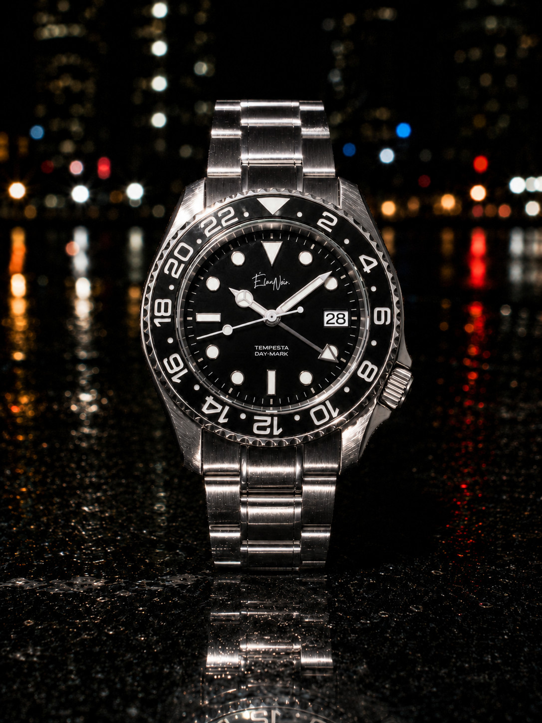 Men’s Automatic GMT Watch 41mm Black Dial Stainless Steel Élan Noir Tempesta